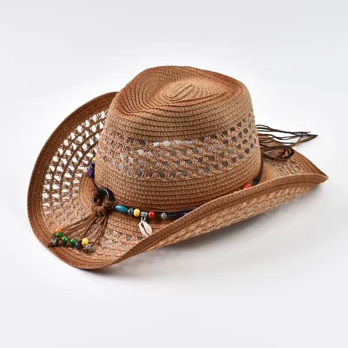 Chapeau de cowboy en paille style bohème protection solaire ajouré plage été pour femmes et hommes occassions estivales