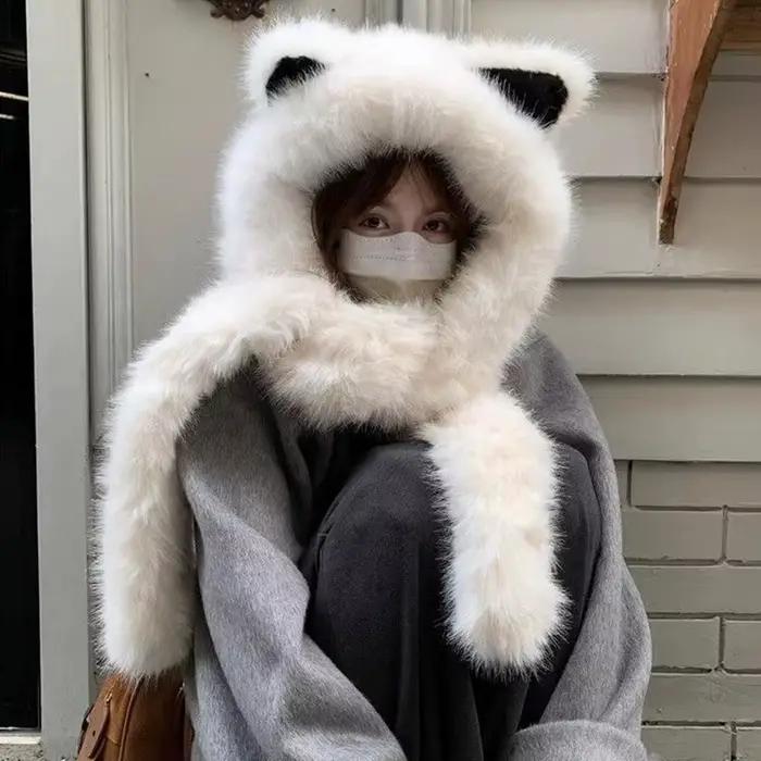 Mignon renard oreille moelleux chapeau écharpe chaud épais en peluche à capuche