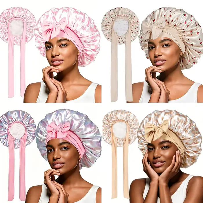 Bonnet de nuit en satin beige à motif cerise pour femme