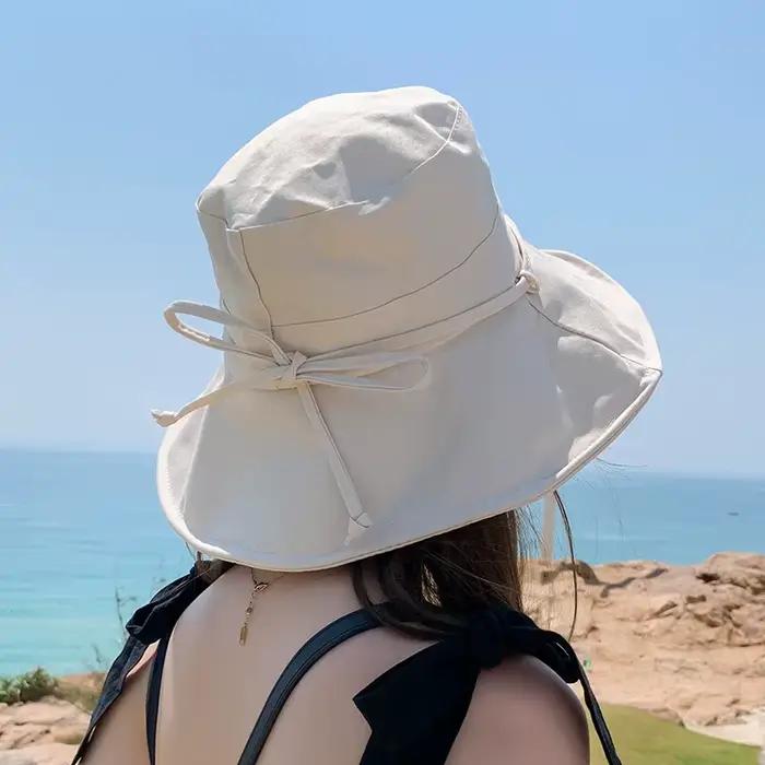 Chapeau de pêcheur pour femme avec nœud grand bord protection solaire visière anti-uv couleur unie extérieur plage été style sport coton polyester