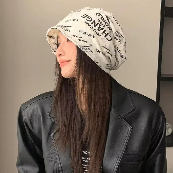 Mode pull à bord court empilable chapeau femmes personnalité grande tête mince Skullies bonnet Baggy