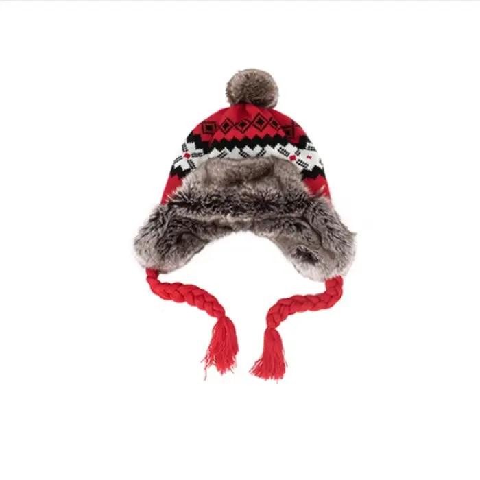Chapeau d'hiver tricoté coupe-vent chaud style bombardier avec pompon en fourrure et cache-oreilles pour hommes