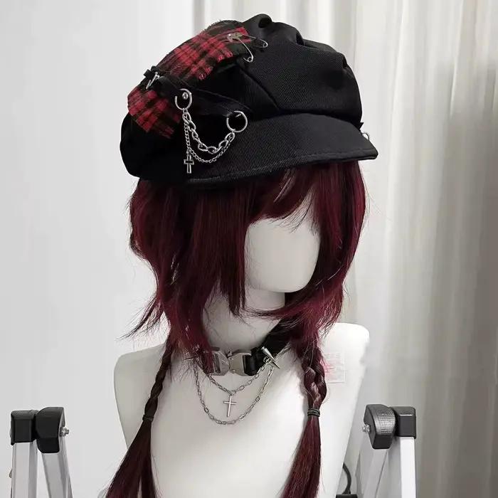Chapeau femme doux Style Cool Y2K sous-culture Punk millénaire épices croix neutre foncé à carreaux béret
