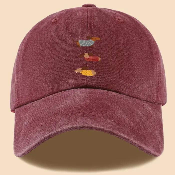 Casquette de baseball avec imprimé amusant de trois teckels en tenues rayées