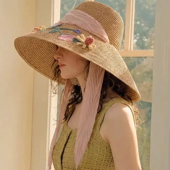 Chapeau de paille en raphia à large bord de 16 cm pour femme