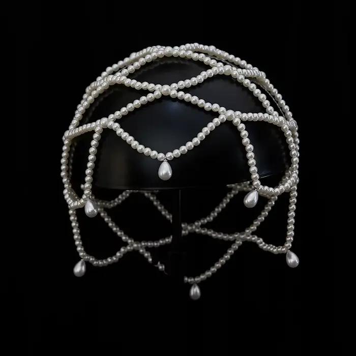 Chapeau tricoté en maille de perles blanches faites à la main pour femmes