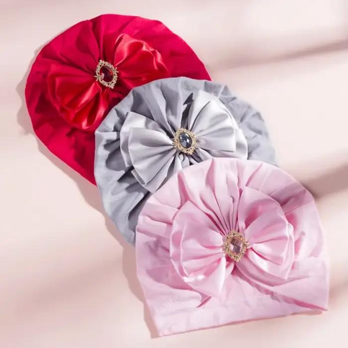Diamant Bowknot bébé fille chapeau coton rose bonnets pour nouveau-né bandeau infantile grand nœud Turban Bonnet Bebes