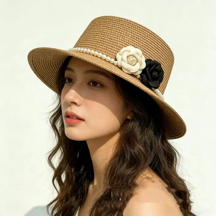 Chapeau de paille rétro de style français avec décoration en perles