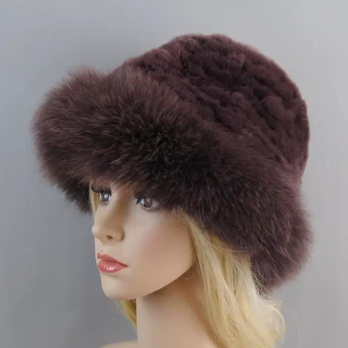 Nouveau luxe tricoté réel véritable fourrure de renard chapeaux femmes bonnets solide Rex lapin