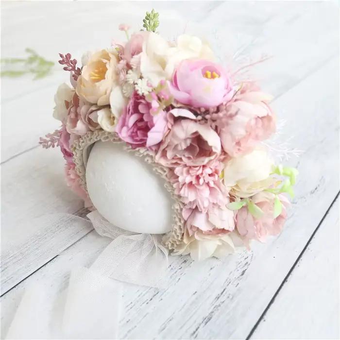 Bonnet Floral Vintage pour nouveau-né fille chapeau tricoté motif fleuri en polyester et laine pour photo et sortie