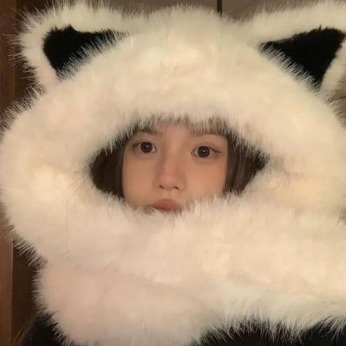 Mignon renard oreille moelleux chapeau écharpe chaud épais en peluche à capuche