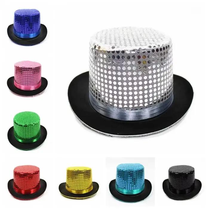 Chapeau haut de forme à paillettes multicolores style britannique chapeau de magicien scintillant chapeau cloche jazz en polyester léger et durable pour homme et femme occasions spéciales fantaisie vintage