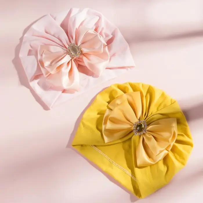 Diamant Bowknot bébé fille chapeau coton rose bonnets pour nouveau-né bandeau infantile grand nœud Turban Bonnet Bebes