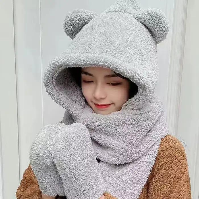 Hiver ours oreille Sherpa capuche chapeau écharpe gants 3 en 1