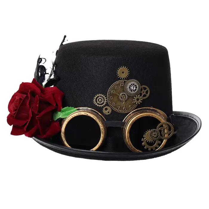 Chapeau haut de forme Steampunk noir unisexe pour femmes et hommes avec lunettes gothiques vintage couvre-chef de fête Cosplay occasions spéciales