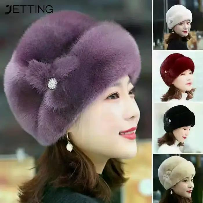 Femme fausse fourrure chapeau d'hiver épaissi garder au chaud casquette d'âge moyen fleur décor seau chapeaux