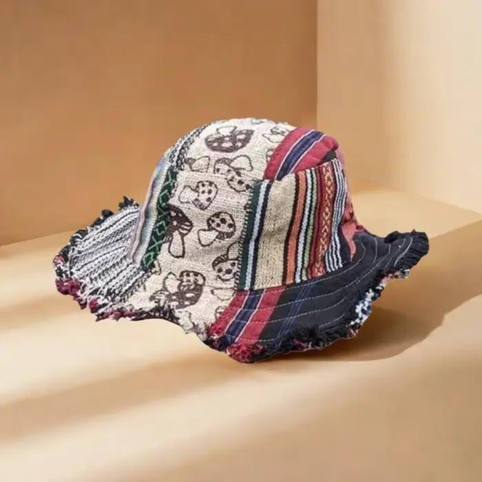 Chapeau de Chanvre Champignon Multicolore Patchwork Avec Poche Cachée Accessoire Mode Unique Pour Homme Femme Occasions Décontractées Fêtes En Plein Air Plage