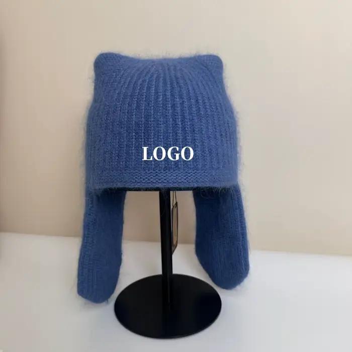 Bonnet d'hiver pour femme en angora tricoté avec cache-oreilles