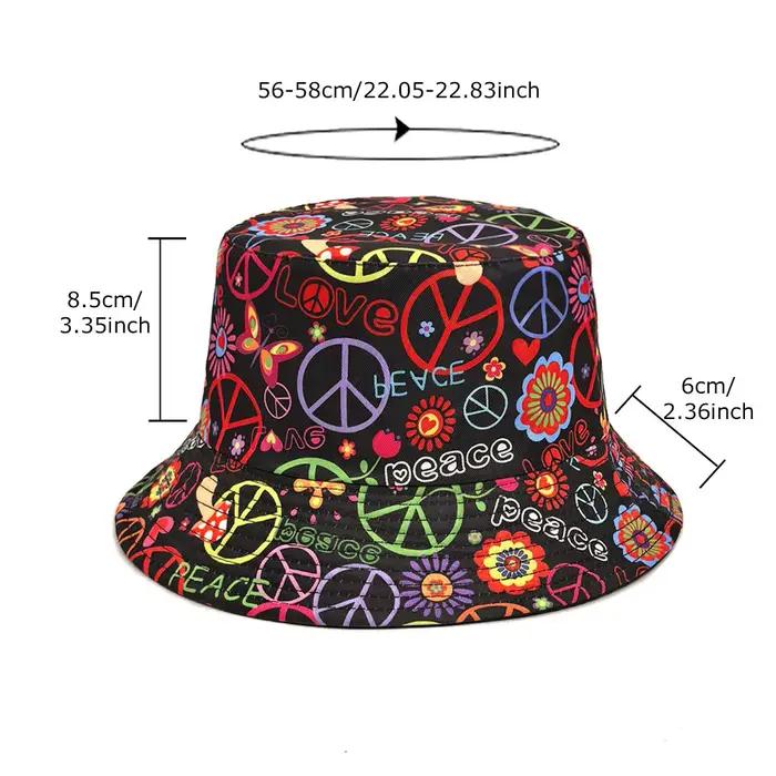 Chapeau Bob Hippie Imprimé Floral Amour et Paix Réversible Noir Intérieur Anti-UV Femme Homme Rétro Années 70 Casquette Plage Voyage Extérieur