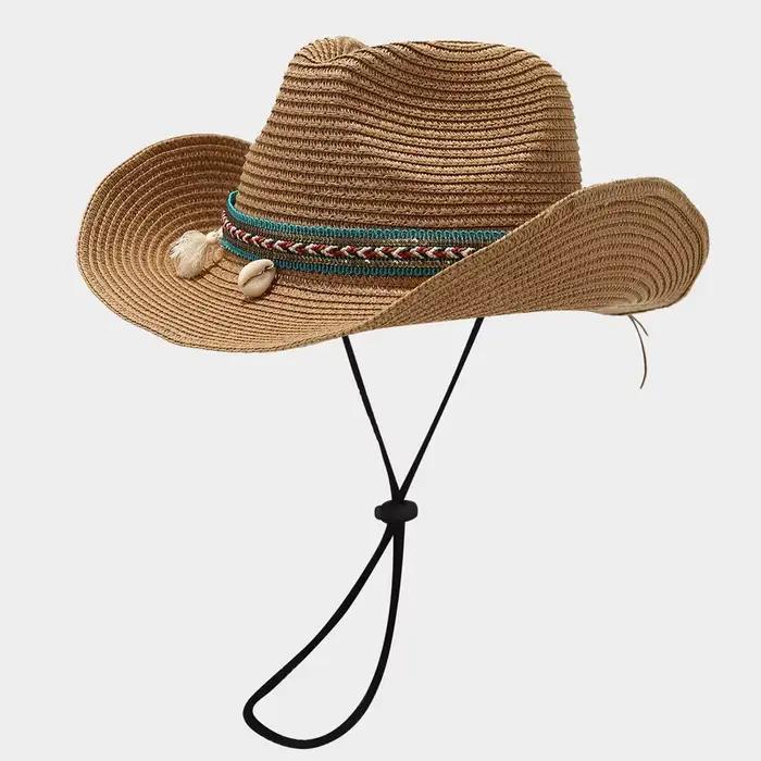 Chapeau de soleil en paille style bohème avec décorations coquillages