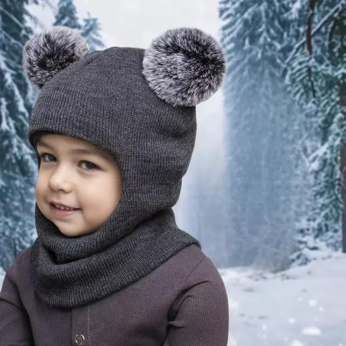 1 pièces Juniors Double Pom Poms combiné chapeau écharpe mignon cagoule chapeaux garçons filles saison froide laine casquette de balle