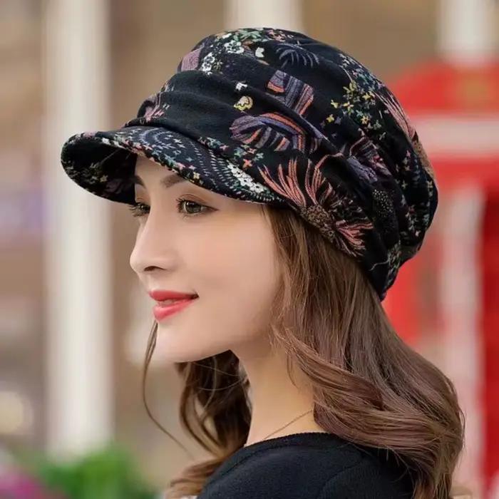 Casquette à visière pour femmes, style ethnique imprimé floral, matériau acrylique ressemblant au cachemire, pour hiver et occasions décontractées