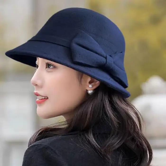 Femmes élégant laine feutre Fedoras chapeau automne hiver chaud couleur unie arc seau dôme casquette dames mode rétro église haut chapeaux