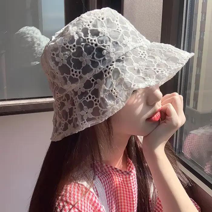 Chapeau de seau en dentelle coton lettres motif décontracté été plage soleil protection uv femmes toutes saisons