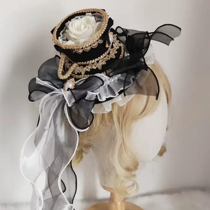Chapeau haut de forme rose Lolita pour filles avec long ruban