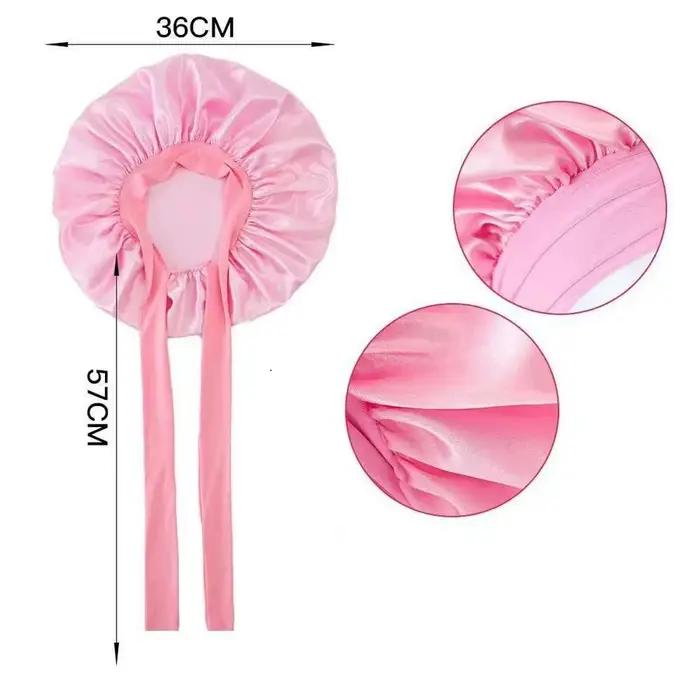Bonnet de nuit en satin soyeux uni avec large bande extensible réglable et lien de fixation pour cheveux
