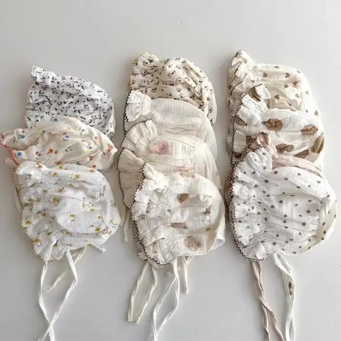 Chapeau en dentelle coton pour nouveau-né mignon, bébé fille, protection auditive, gaze, dessin animé, casquette réglable pour bébés 0-12 mois occasions spéciales
