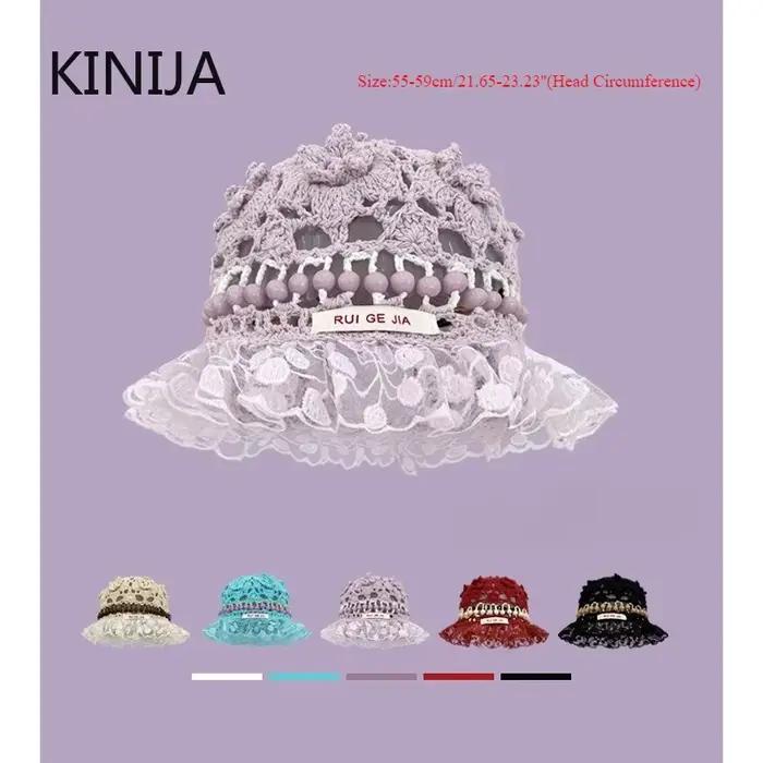 Corée rétro tricoté évider fleur perle chapeau à la main Crochet seau
