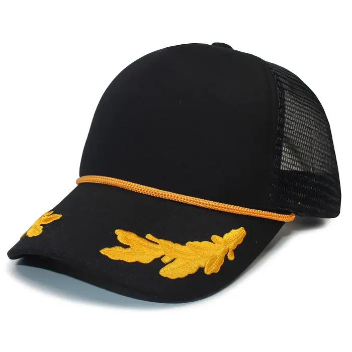 Casquette en maille de feuilles de chêne-chapeau de camionneur en mousse de polyester noir doré sur le devant à 5