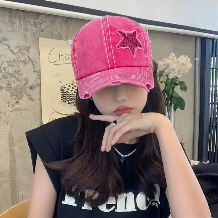 Casquette de baseball rétro Y2K en jean délavé avec étoiles et trous
