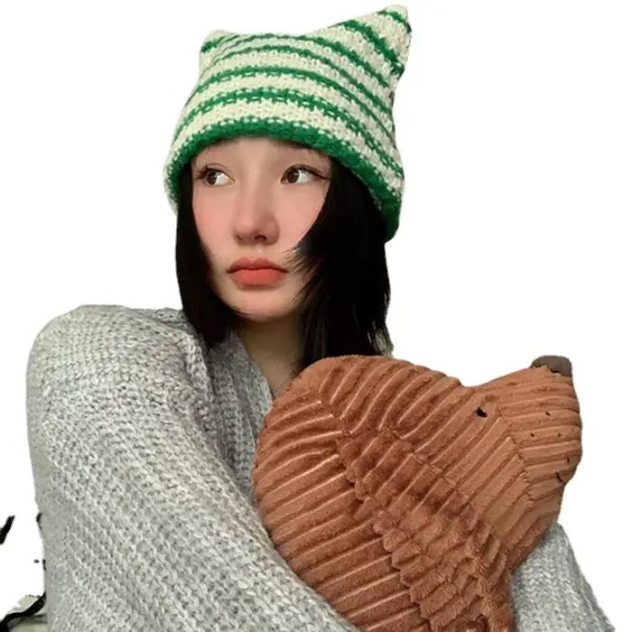 Y2K japonais bonnet chapeau Ins petit diable rayé tricoté casquettes pour femmes automne hiver mignon chat oreilles