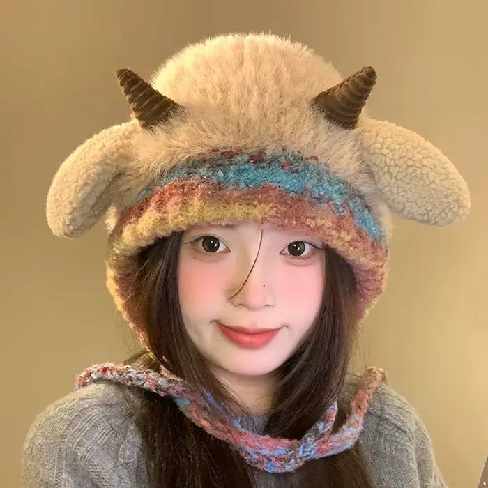 Chapeau coréen en peluche mignon pour homme et femme couvre-oreilles tricoté chaud résistant au froid et assorti avec tout pour l'automne et l'hiver