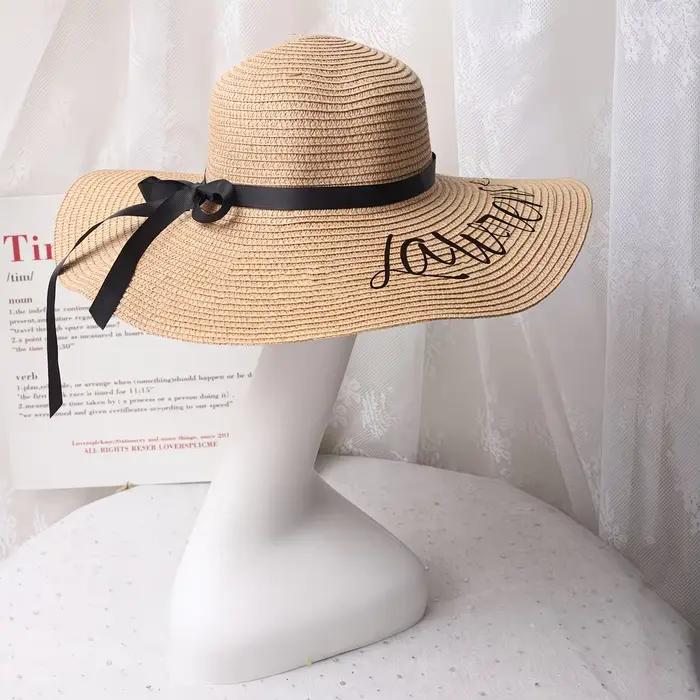 Chapeau de plage personnalisé en paille avec nom sur mesure pour demoiselle d'honneur