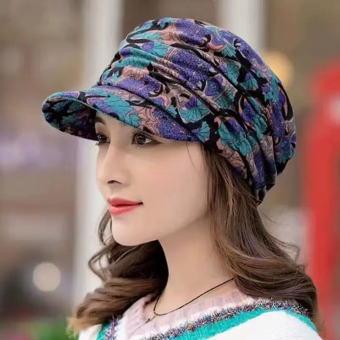 Casquette à visière pour femmes, style ethnique imprimé floral, matériau acrylique ressemblant au cachemire, pour hiver et occasions décontractées