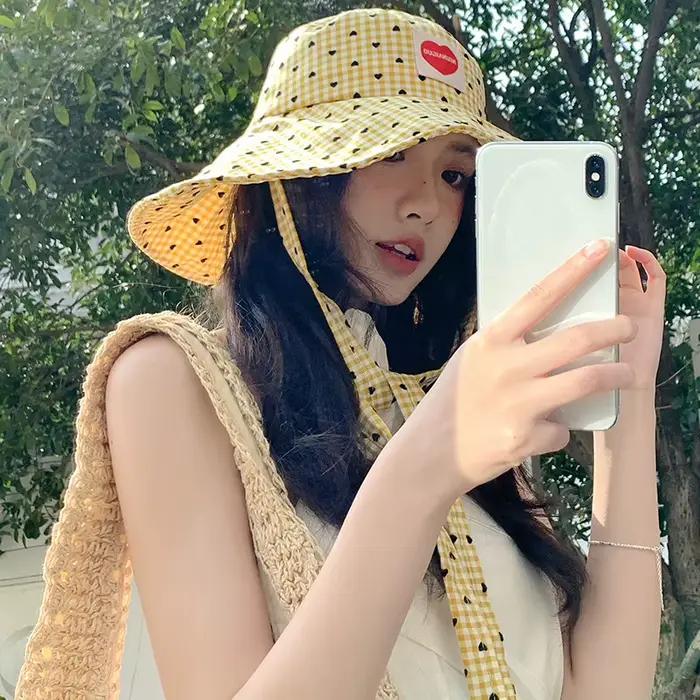 Chapeau de pêcheur à carreaux polyester pour femme protection solaire plage voyage pliable avec lacets multifonctionnel élégant et confortable