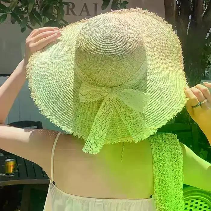 Chapeau de paille oversize à grand bord avec nœud décoratif pour femme