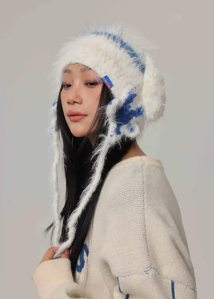 Stripecony cheveux Crochet à main chapeau FUR femmes hiver épaissi chaud tricoté laine casquette froide grande tête