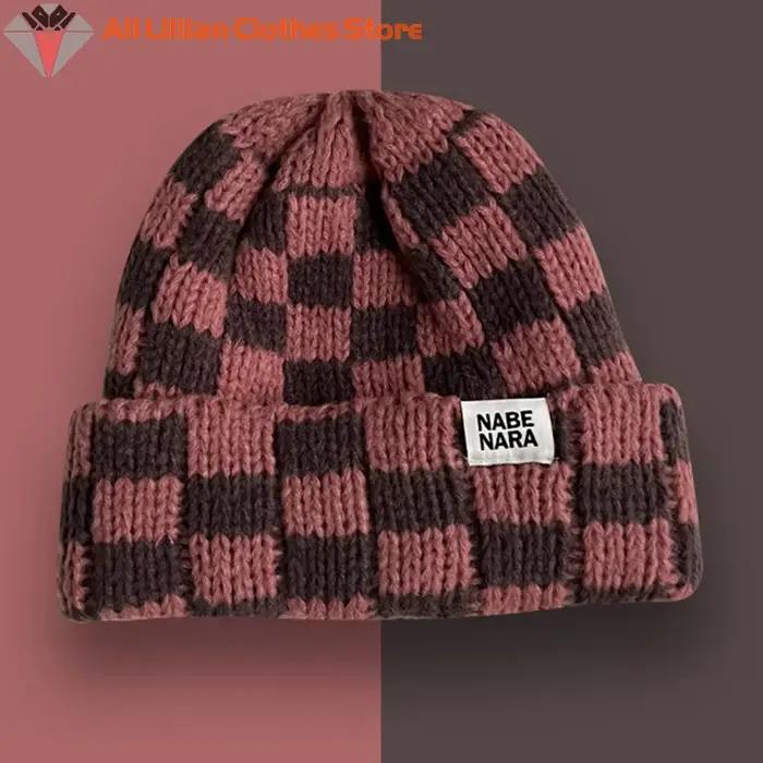 Chapeau tricoté à carreaux en damier pour femmes