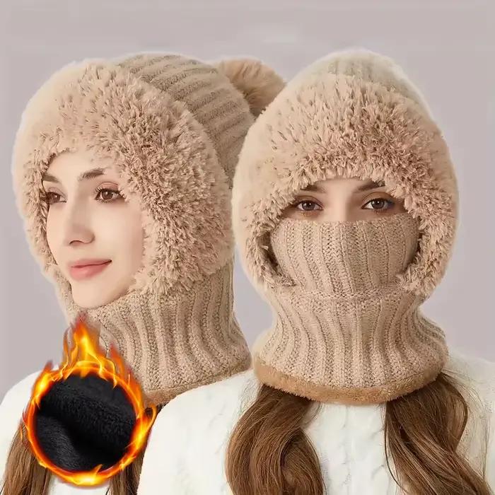 Chapeau d'hiver tricoté doublé polaire avec protection des oreilles capuche coupe-vent guêtre de cou intégrée pour cyclisme en plein air femme style novelty polyester matériaux