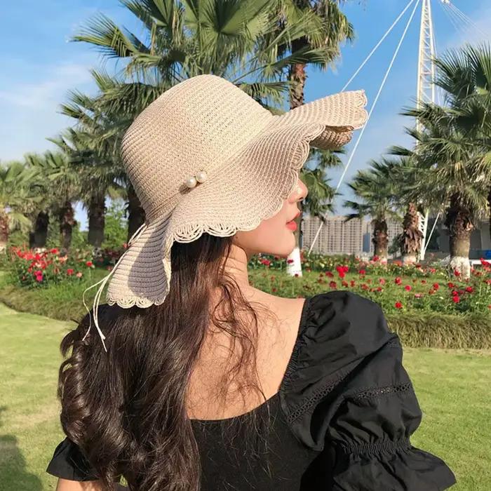 Chapeau de paille pliable à large bord avec perles style français pour femme protection solaire plage voyage occassions spéciales
