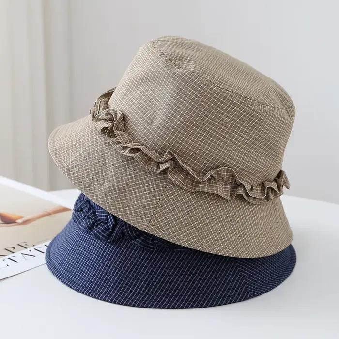 Chapeau de seau pour femme à carreaux avec volants protection solaire style pêcheur occassions décontractées春夏秋冬通用女士渔夫帽方格波浪边防晒多功能春秋夏季使用场合休闲