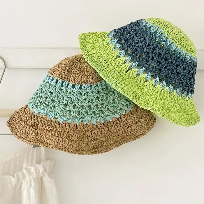 Chapeaux Bob en Paille Raphia Rayés Arc-en-ciel d'Été pour Femme