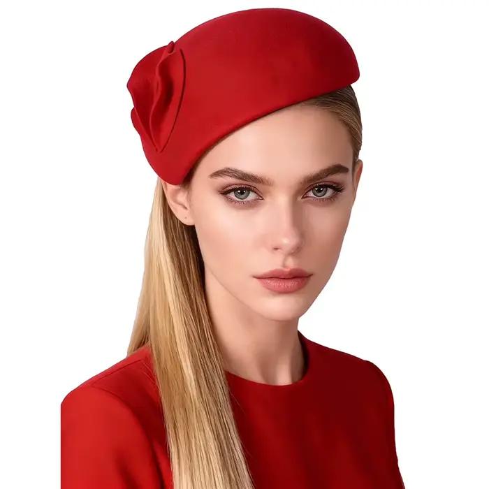 Chapeau Pillbox en Laine Rouge et Vert FS