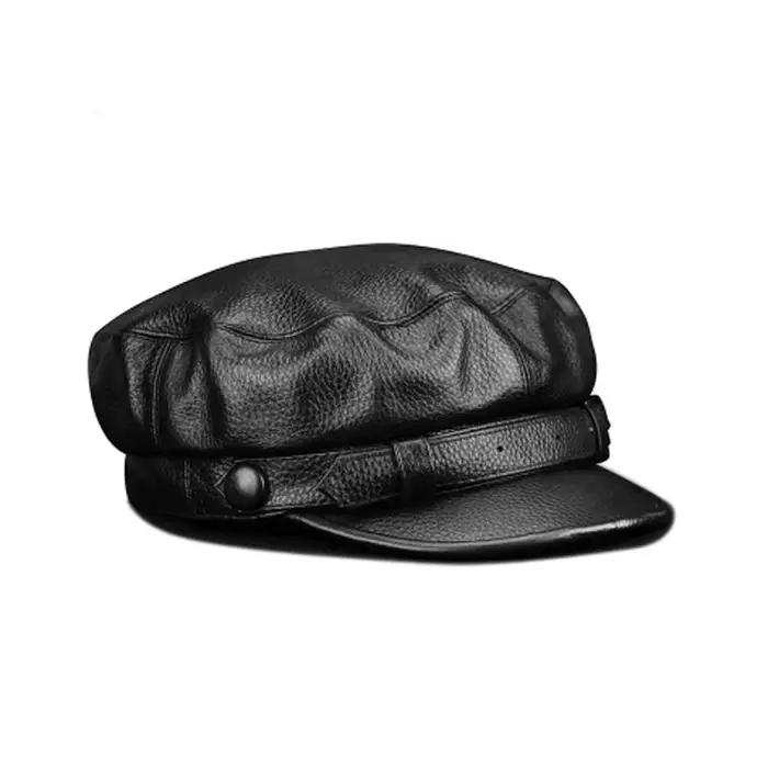 Mode femmes hommes véritable peau de vache militaire chapeau marin chapeaux noir dames béret casquettes plat haut