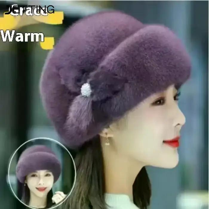 Femme fausse fourrure chapeau d'hiver épaissi garder au chaud casquette d'âge moyen fleur décor seau chapeaux