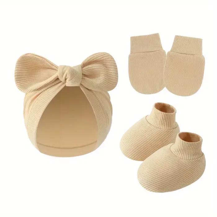 3 pièces/ensemble bébé nœud chapeau gants chaussettes coton nouveau-né Bonnet couleur unie